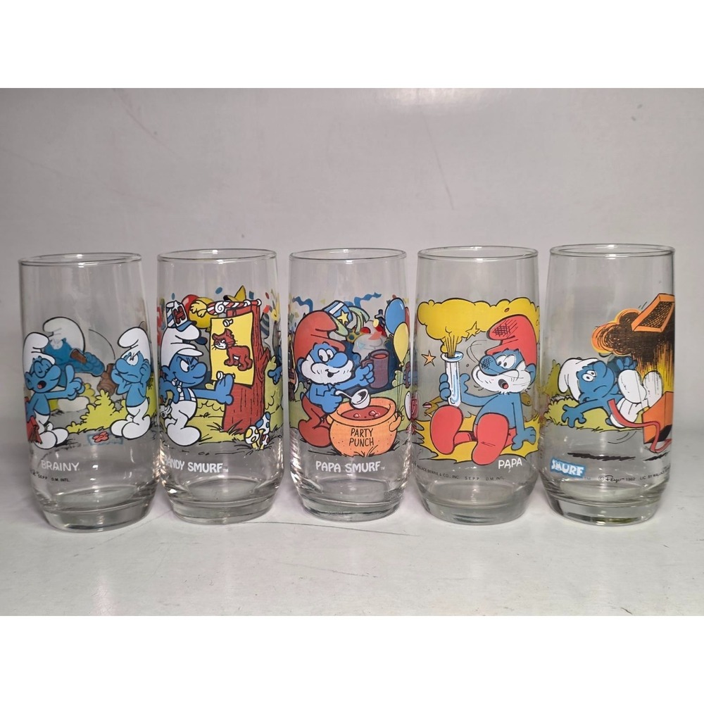 5 Vintage SMURF Hardee's Drinking Glasses 1982-1983 Peyo Papa Jokey Brainy